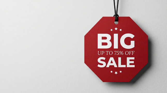 Red octagonal sale tag with white text "BIG UP TO 75% OFF SALE" and stars, symbolizing commerce and discounts