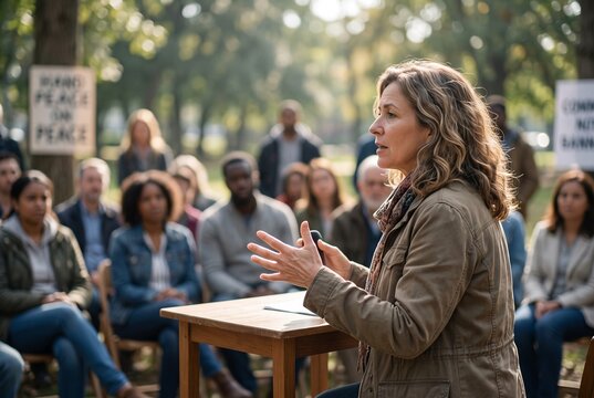 Community gathering in park discussing issues related to peace and unity