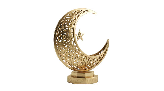 Golden crescent moon and star decorative ornament isolated on transparent background