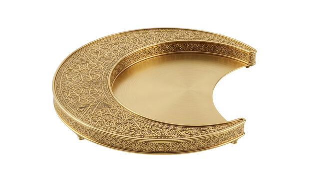 Ornate golden crescent moon decorative tray with traditional middle eastern geometric patterns, isolated on transparent background