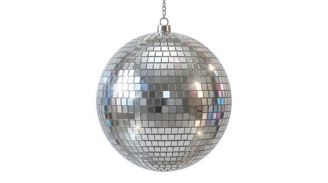 Shiny disco ball with small mirror tiles reflecting light isolated on transparent background