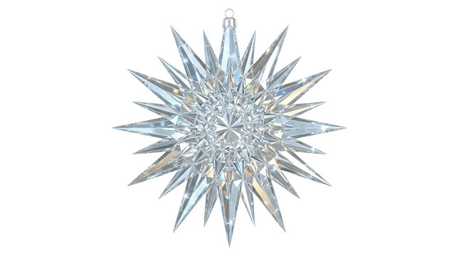 Beautiful crystal star ornament with sharp facets and sparkling light reflections, a festive holiday decoration isolated on transparent background