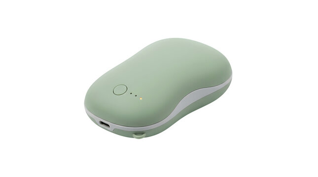 Modern portable electric rechargeable hand warmer and pocket heater power bank in sage green, isolated on transparent background