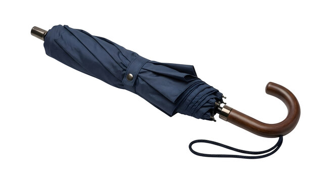Closed blue umbrella with a wooden handle isolated on transparent background