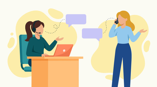 Customer service agent assisting client on phone call - flat illustration