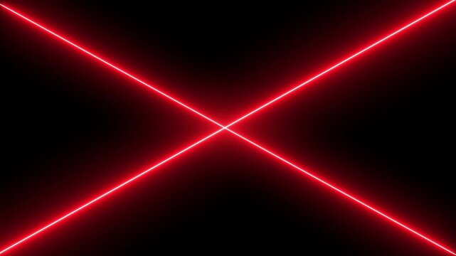 Futuristic glowing red laser beam crossed lines crosshair motion background loop, bright neon light ray geometric shape overlay effect for professional video editing production on black screen. 4k