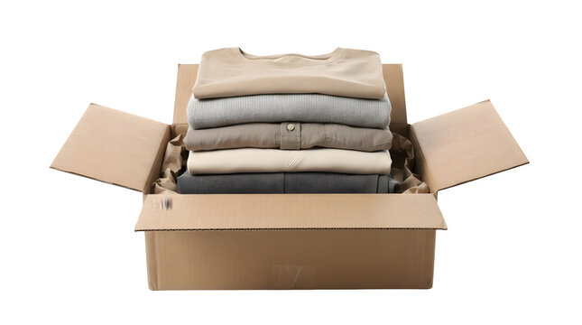Stack of folded clothes in cardboard box isolated on transparent background