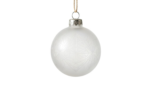 A frosted white christmas ornament ball with a delicate geometric star pattern, hanging by a rustic twine string isolated on transparent background