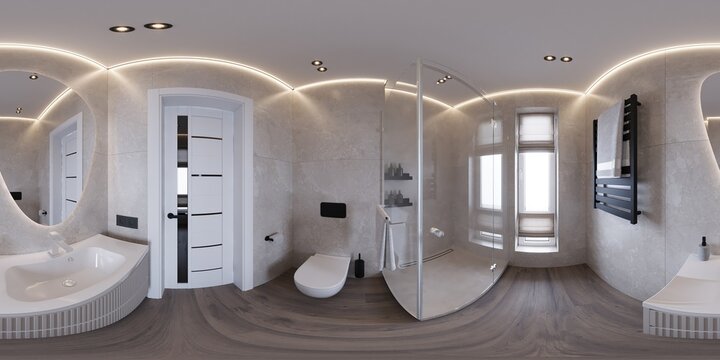 360 degree panoramic view of a modern bathroom with glass walk in shower, white vanity, wall mounted toilet, beige stone tiles, heated towel rail and warm LED ceiling lighting.