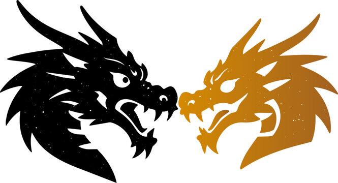 Facing black and brown mythical dragon heads vector illustration for