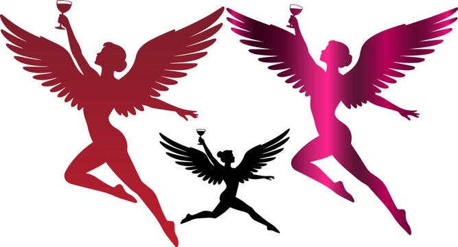 Elegant winged angels holding champagne glasses for celebration party
