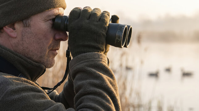Mature male nature enthusiast looks through binoculars near misty lake at sunrise. Attentive observer scans distant wetland waters while wearing warm fleece, knit beanie, and winter gloves.