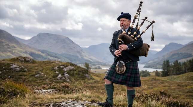Man playing bagpipes in traditional Scottish attire on a hillside  
