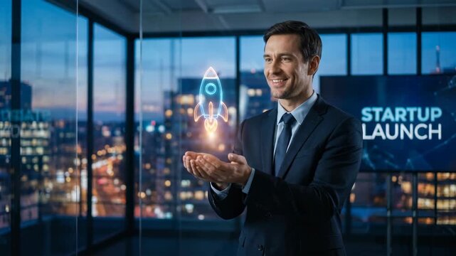 Confident businessman launches startup modern office, presenting glowing rocket hologram that symbolizes business innovation and technology night