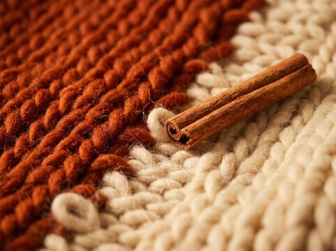 Cinnamon texture on chunky knit wool background with warm cozy tones