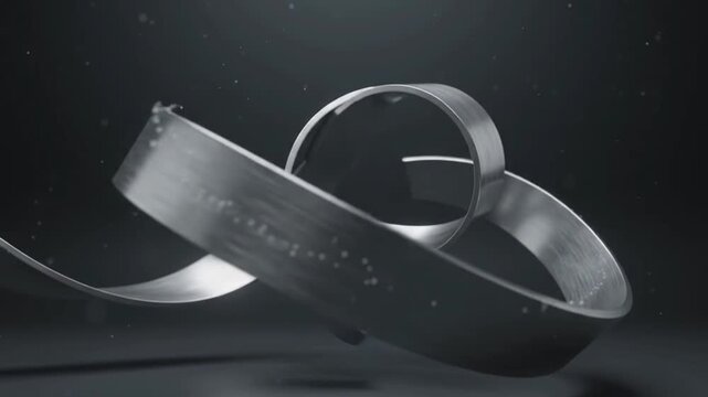 Abstract Metallic Silver Wave Ribbon Floating With Sparkling Dust Particles In Dark Background.