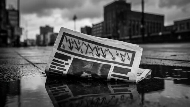 Abandoned Newspaper Floating in Rain Puddle on Urban City Street, Reflecting Buildings Across Wet Pavement Beneath Overcast Sky
