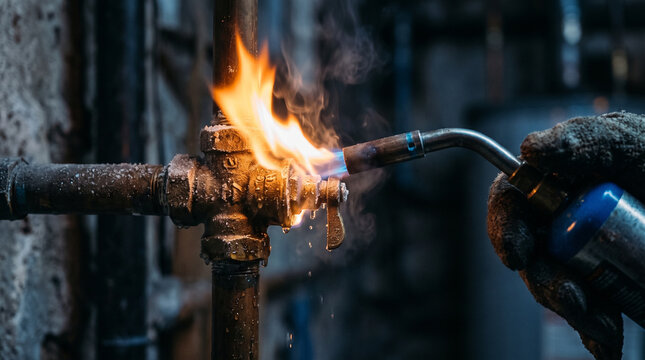 Worker using a blowtorch on a pipe with flames and smoke in workshop  