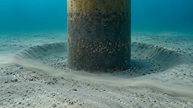 Underwater metal piling on sandy seabed, rippled sand and drifting sediment reveal marine corrosion beneath clear blue water