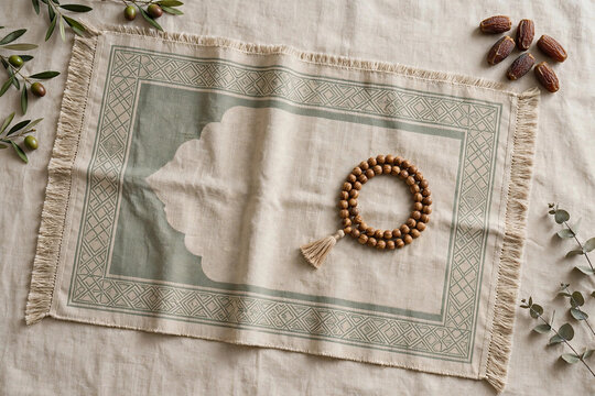 Prayer Mat with Tasbih Prayer Beads Flat-Lay