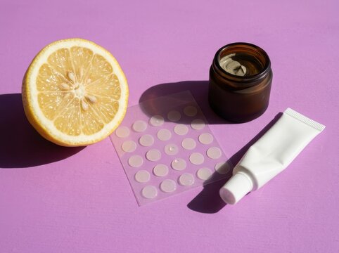 Lemon skincare still life with hydrocolloid patches and cream tube