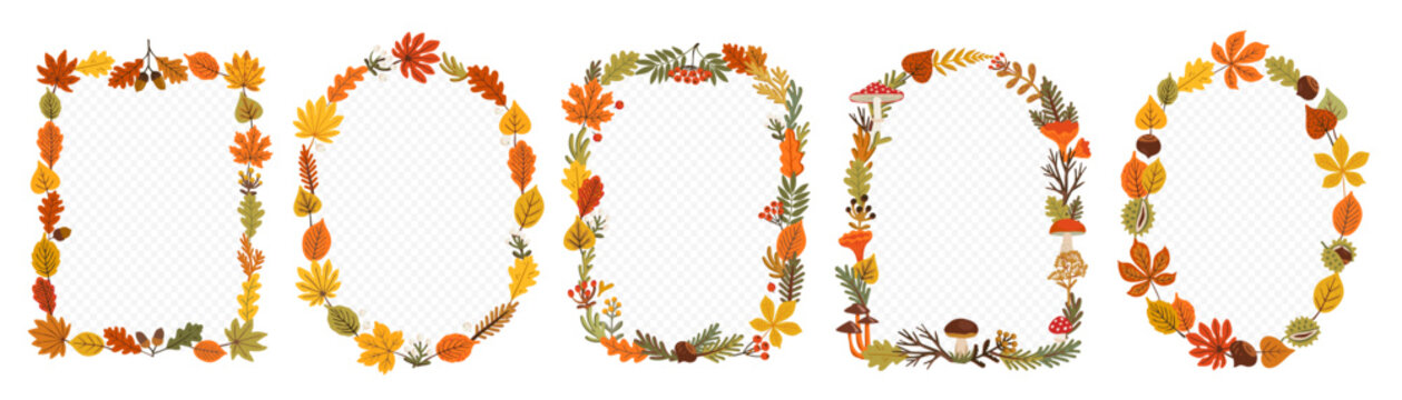 Autumn frame collection with five leaf and mushroom wreath styles in oval, arch and rectangle shapes. Each vector border sits on transparent background like PNG, ready for photos or quote text