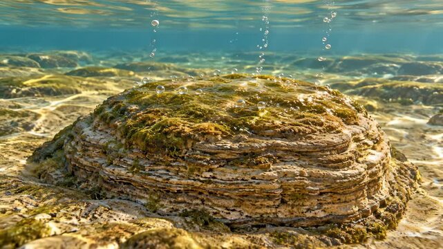 Underwater rock formation with layered stone, green algae, clear shallow water, rising bubbles, sunlit seabed, and ancient limestone textures