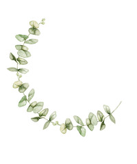 Watercolor eucalyptus half wreath with green leaves on a curved branch. Floral border for wedding invitations, greeting cards, save the date, stationery, logos and botanical decor. © Evgeniia