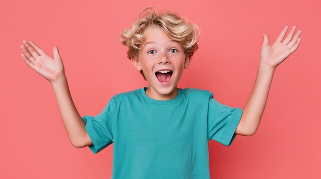 Excited young boy raises both hands with an open-mouthed expression against coral