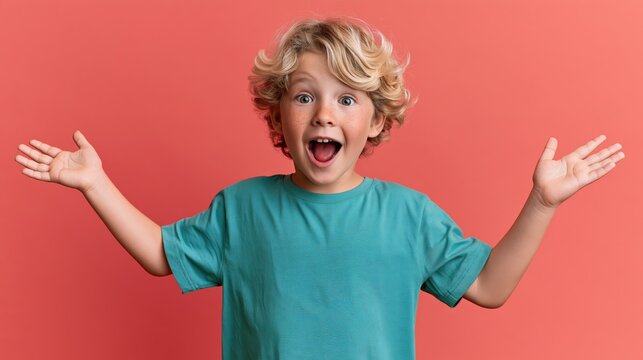 Surprised blond boy with curly hair raises his hands against a coral studio backdrop