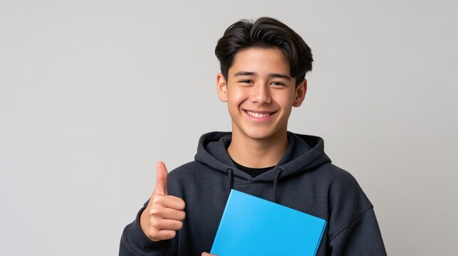 Smiling teenage boy in a hoodie gives a thumbs-up while holding a blue folder in studio