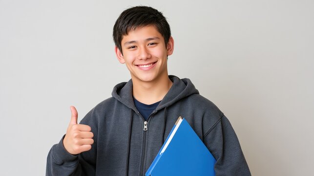 Smiling teenage student gives a thumbs-up while holding a blue folder in a studio portrait