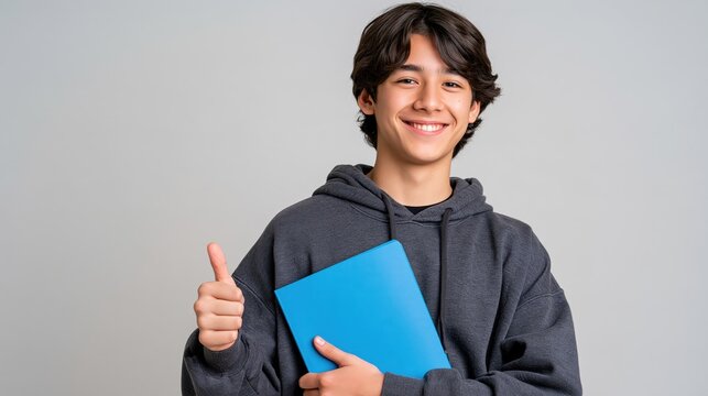 Smiling teenage student gives a thumbs-up while holding a blue notebook in a studio portrait
