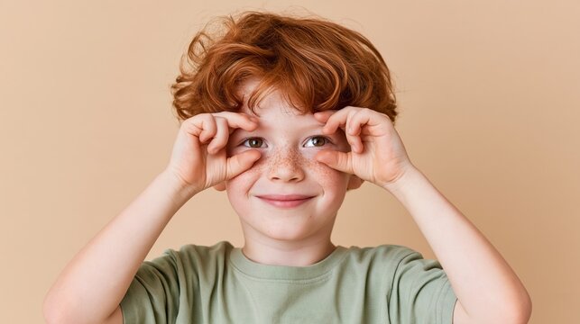 Playful red-haired boy frames his eyes with his fingers in a warm-toned studio portrait