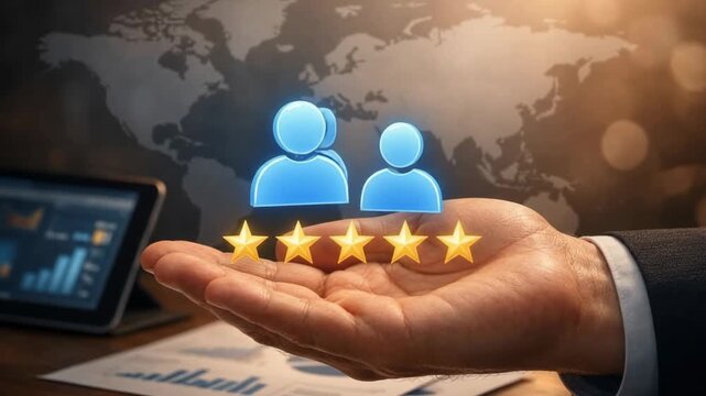 Hand presenting glowing customer user group and five golden review stars over office desk
