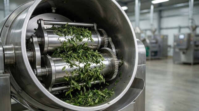 Automated tea rolling machine shaping fresh tea leaves inside a stainless steel processing drum, rolling mechanism filling most of the frame, primary subject tack sharp, softly blurred production fac