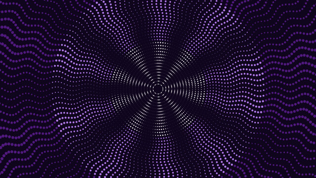 Abstract purple dotted wave background with radial halftone pattern and central copy space
