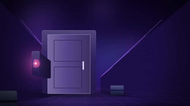 Purple door of light opening with passkey access login seamless loop