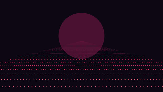 Abstract digital landscape with glowing red dots and circular sun on dark background