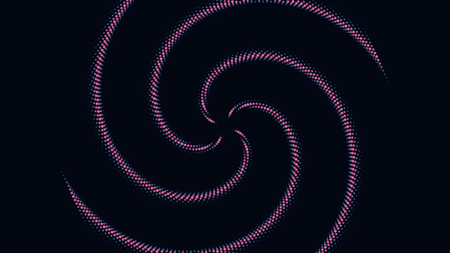 Abstract halftone spiral pattern with pink and blue dots on a dark background for modern design