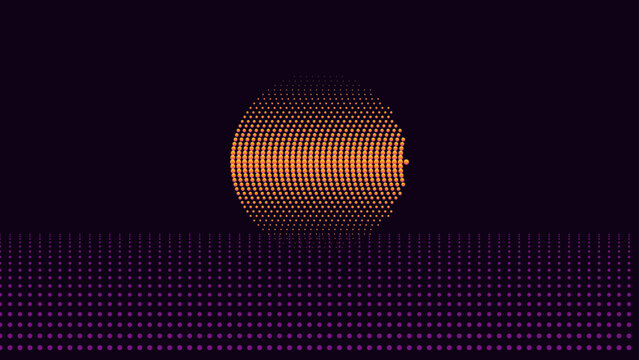 Abstract halftone sphere floating above a dotted surface on a dark background with copy space