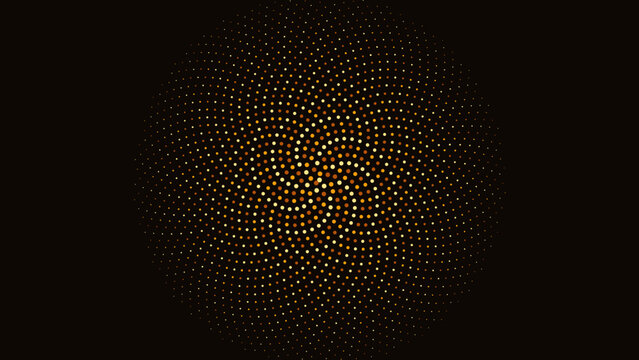 Golden halftone spiral pattern with radial dots on a black background for modern graphic design