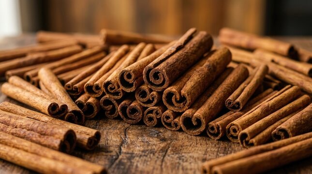 Cinnamon sticks arranged with rich natural wood texture and warm earthy tones, cinnamon filling most of the frame, primary subject tack sharp, softly blurred neutral background, ultra realistic, prem