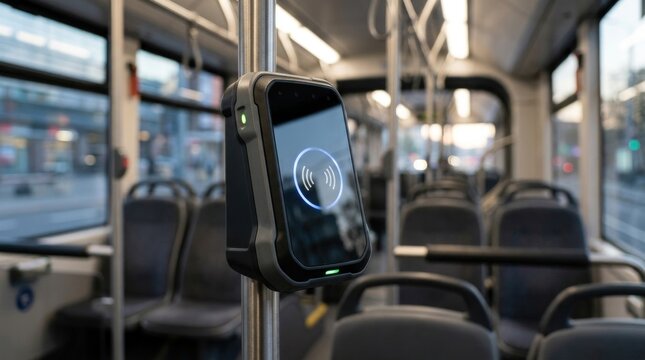 Contactless payment terminal inside a modern public transport vehicle, payment validator occupying most of the frame, elegant transport interior softly blurred behind, ultra realistic, premium commer