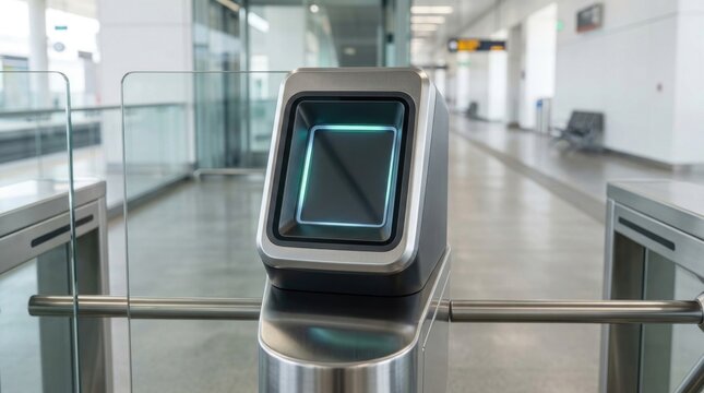 Contactless QR code scanner integrated into a modern transport access system, scanner occupying most of the frame, clean station environment with generous copy space, ultra realistic, premium commerc