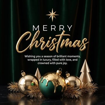 Luxury Merry Christmas greeting card with gold ornaments, green velvet curtain background, and metallic Christmas trees, elegant holiday banner