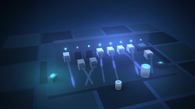 Cyan connector ports with plugs docking and glowing leds full scene