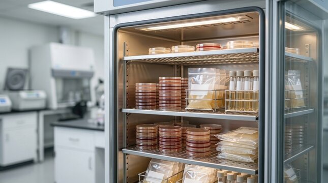 Food food microbiology laboratory incubator holding sterile sample containers for controlled culture testing, incubator filling most of the frame, main subject in sharp focus, softly blurred food tes