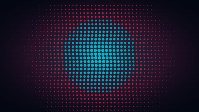 Abstract halftone circle pattern with cyan and red dots on a dark background for digital design