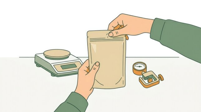 Hands examining a sealed plain food pouch beside a small precision scale and compact seal testing tool, natural packaging quality check shown as a practical tabletop scene, premium editorial flat doo